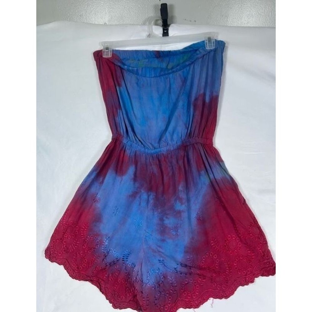 Angie Womens XS Blue Pink Tie Dye Strapless Romper Embroidered Scallop Hem Boho